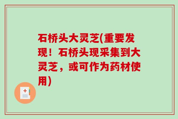 石桥头大灵芝(重要发现！石桥头现采集到大灵芝，或可作为药材使用)