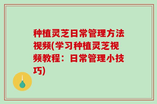 种植灵芝日常管理方法视频(学习种植灵芝视频教程:日常管理小技巧) 种植灵芝日常管理方法视频(学习种植灵芝视频教程:日常管理小技巧)